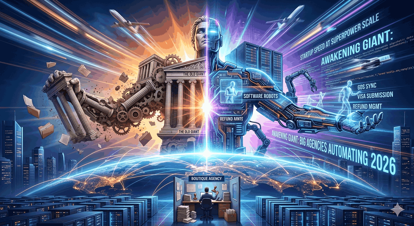 A dramatic split-screen illustration showing a crumbling stone statue of an Old Giant agency transitioning into a glowing, cybernetic Automated Giant powered by software robots for GDS sync and visa submissions.