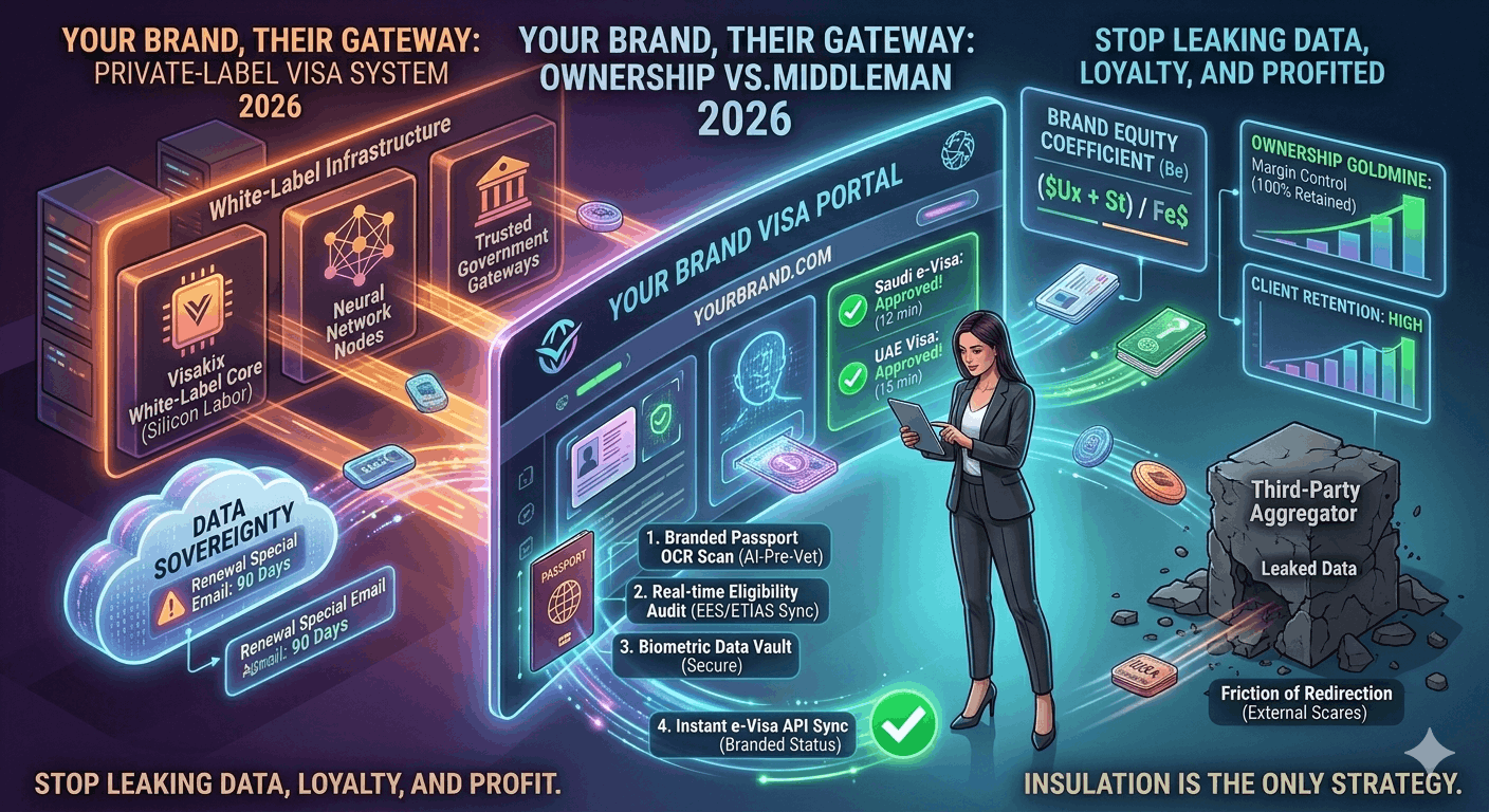 A sleek 2026 dashboard showing a custom-branded travel portal with AI status updates, secure document vaulting, and a "Your Brand" logo.