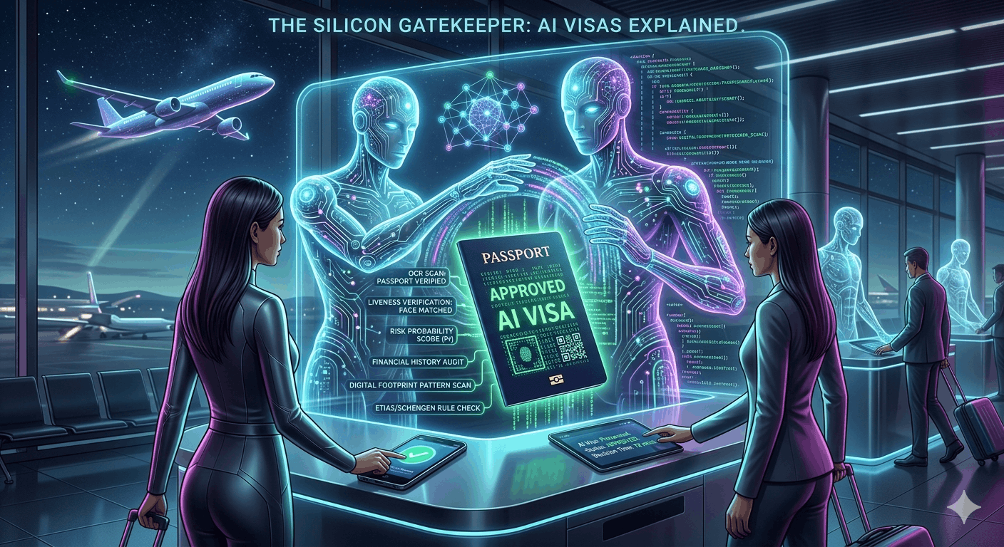 A futuristic airport terminal featuring a glowing holographic display where two digital AI agents analyze a passport, showing data points like "Risk Probability Score," "Liveness Verification," and "Digital Footprint Scan."