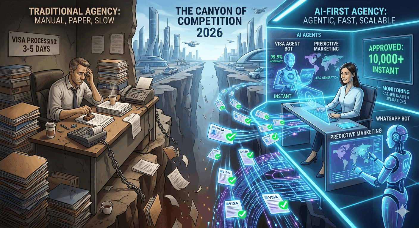 A conceptual split-screen titled "The Canyon of Competition 2026," contrasting a traditional travel agent chained to a desk of messy paperwork versus a sleek AI-first agency using holographic predictive marketing and automated WhatsApp bots.