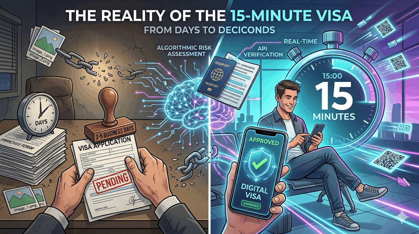 A split-screen illustration contrasting a slow, manual visa process with a "Pending" stamp and stacks of paper against a fast, digital approval on a smartphone within a 15-minute countdown clock.