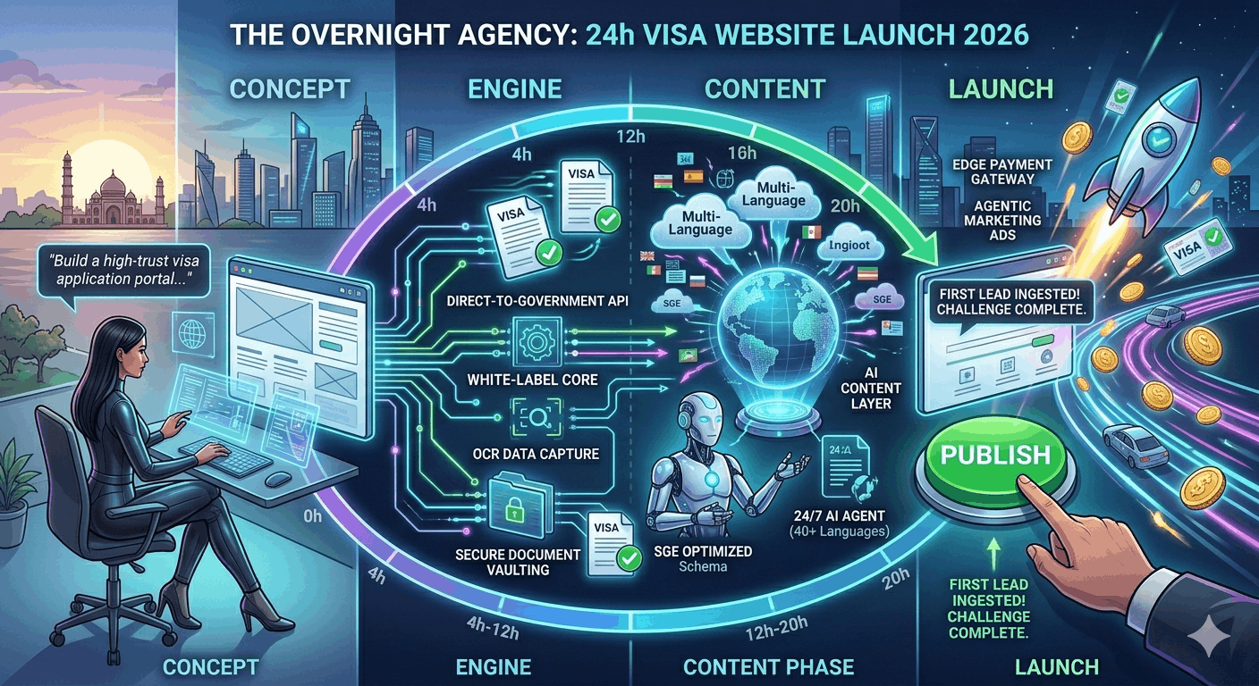 An "Overnight Agency" timeline infographic for 2026, showing a 24-hour journey from concept to launch, featuring AI design, white-label API integration, and automated content generation steps.