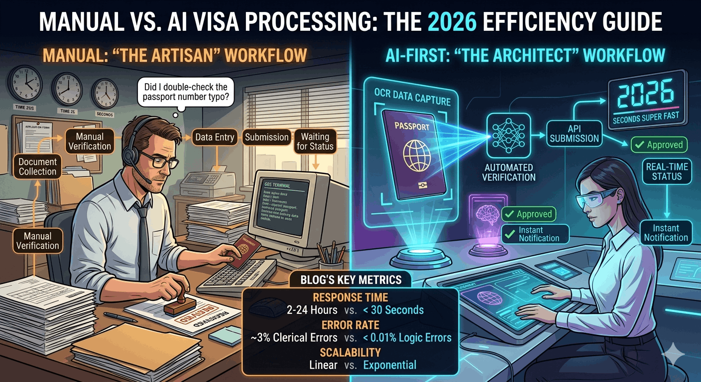 A detailed 2026 comparative flowchart: The left side shows a slow, multi-step "Artisan" manual workflow with human errors; the right side shows a streamlined "Silicon" AI workflow with instant API verification.