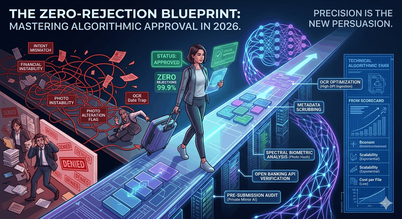 A high-tech 2026 Zero-Rejection Blueprint showing a traveler walking confidently on a digital bridge of approved data—featuring labels for OCR Optimization, Biometric Hash, and Open Banking API Verification—leaving a chaotic path of Denied red-tape behind.