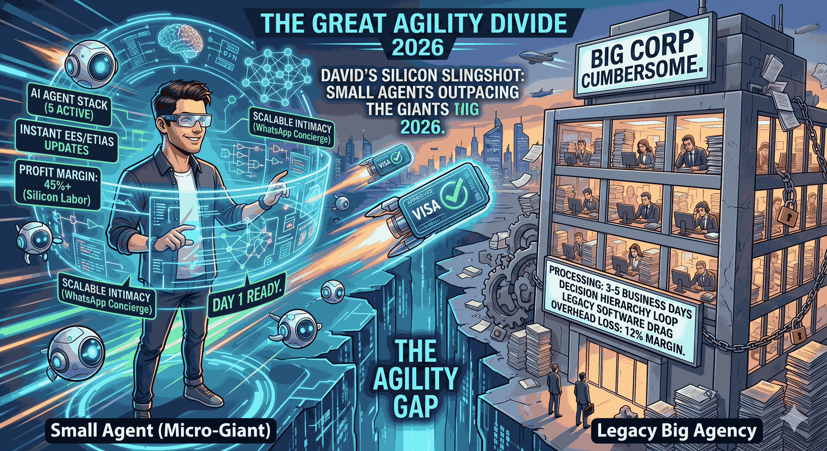 A conceptual 2026 illustration of a "Micro-Giant" agent using a holographic AI interface to outpace a large, slow-moving corporate office building in a high-speed digital landscape.
