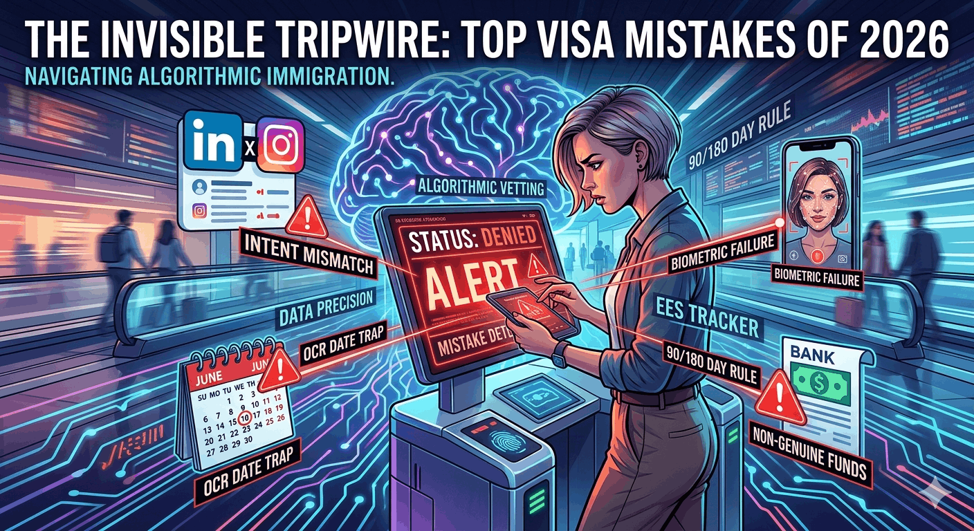 A high-tech 2026 infographic titled The Invisible Tripwire, showing a traveler at a digital kiosk flagged for Intent Mismatch, OCR Date Trap, Biometric Failure, and Non-Genuine Funds by a glowing AI brain vetting system.