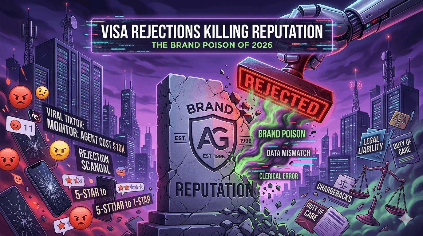 A dramatic digital illustration featuring a crumbling tombstone for "Brand Reputation" being struck by a robotic hand with a "REJECTED" stamp, surrounded by viral social media backlash and toxic smoke labels like "Clerical Error" and "Data Mismatch."