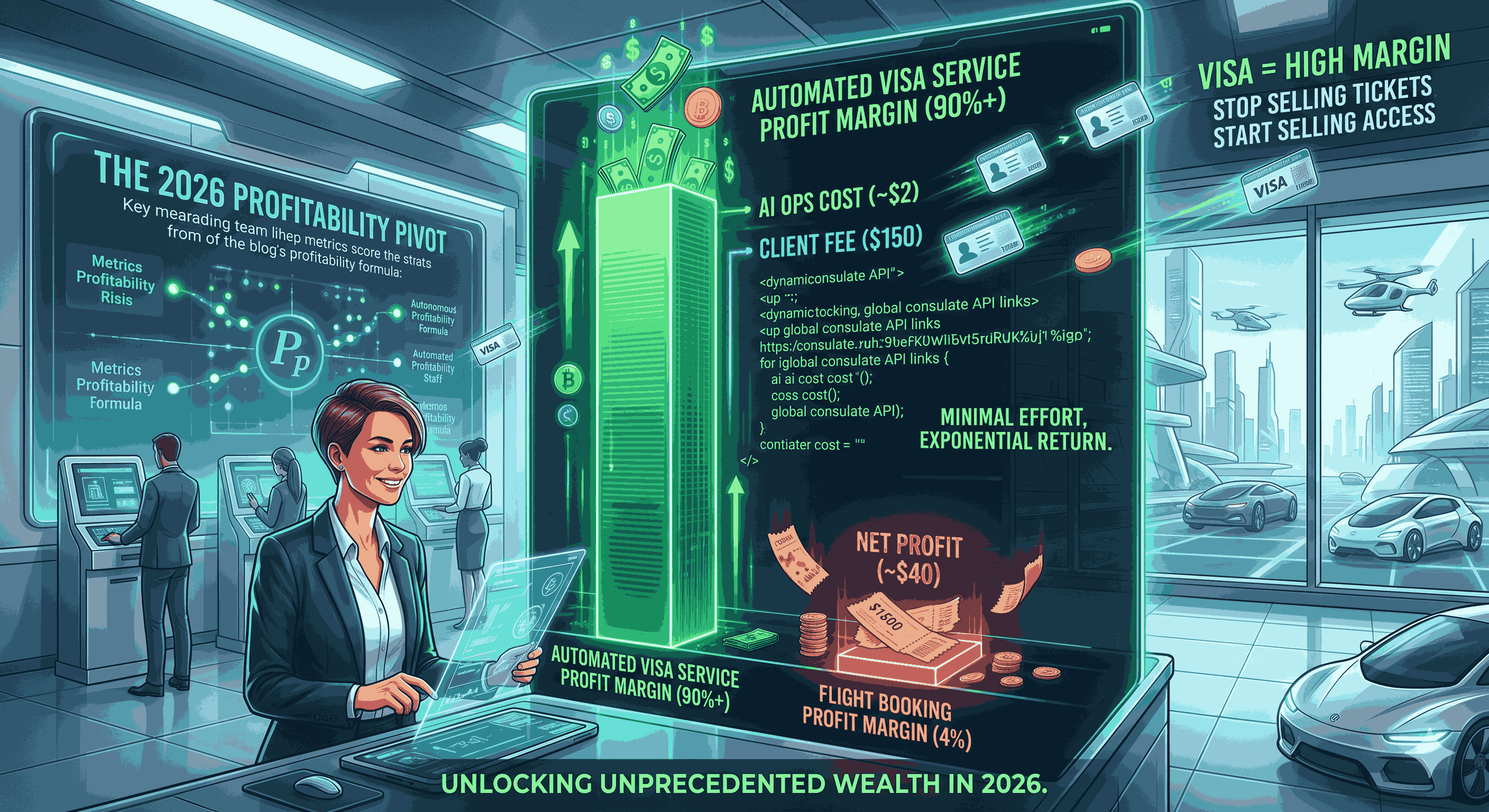 A 2026 financial data visualization comparing the thin profit margins of flight bookings against a massive, glowing green skyscraper bar representing automated visa service profits, set in a futuristic AI-powered travel agency.