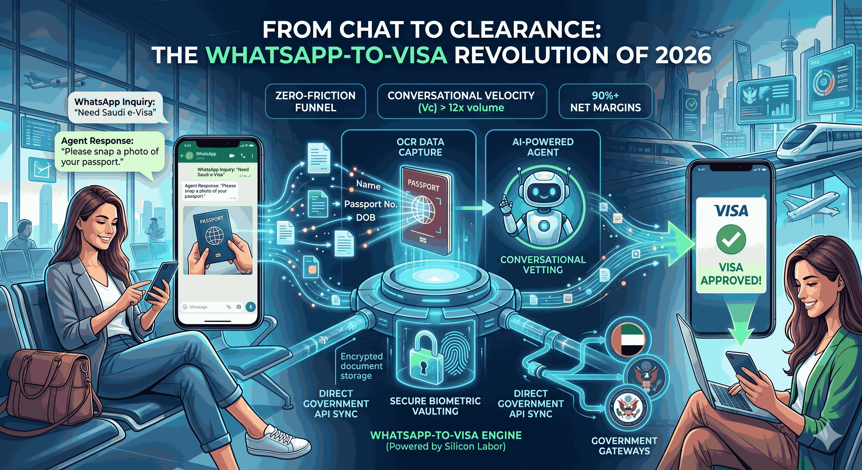A 2026 infographic showing a traveler sending a passport photo via WhatsApp, which is instantly processed by a glowing AI "Silicon Labor" engine into a "Visa Approved" notification.