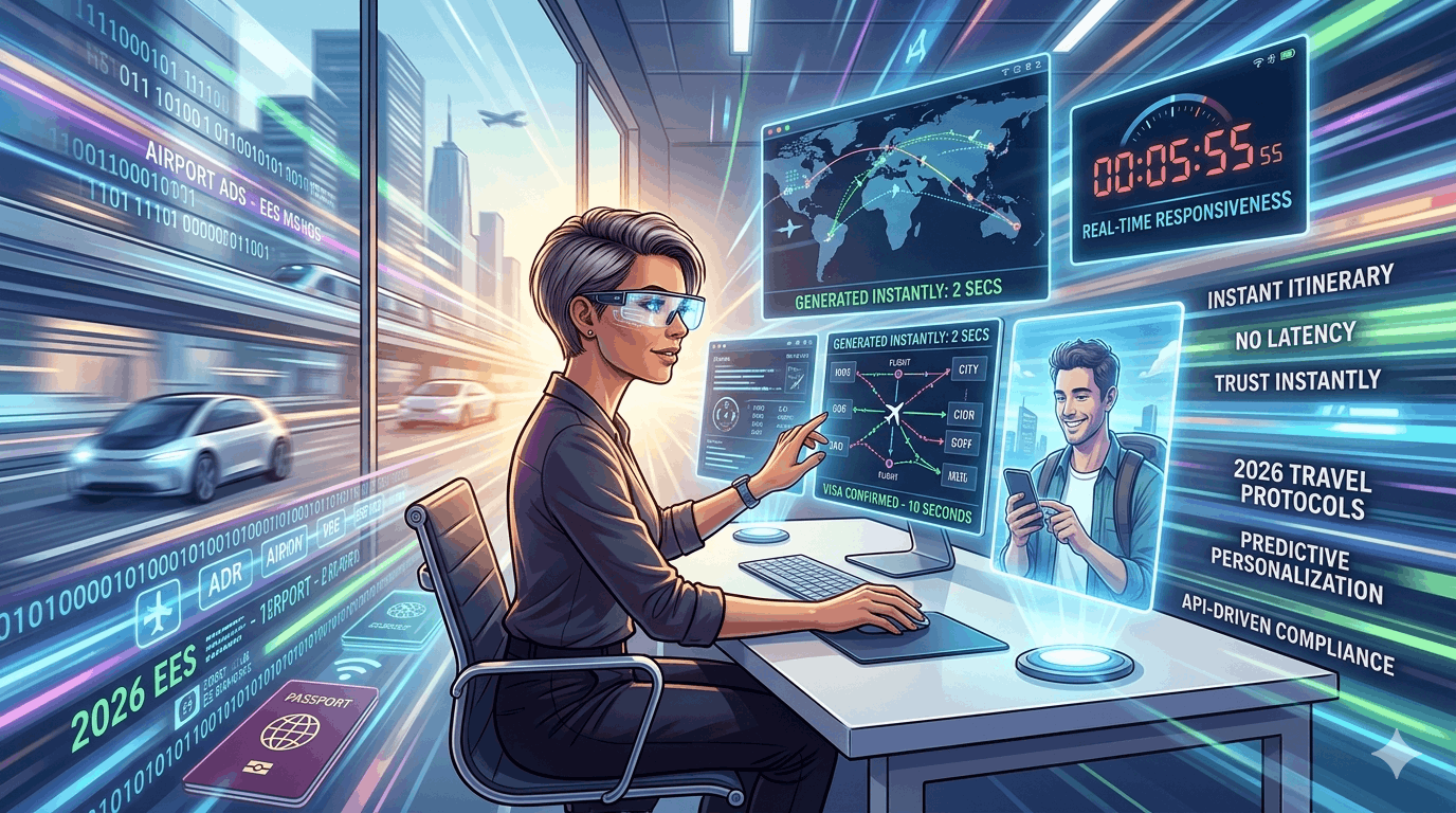 A high-tech 2026 travel agency office with a female consultant using AR glasses and a holographic interface showing an itinerary generated in 2 seconds and a visa confirmed in 10 seconds.